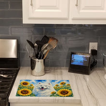 Load image into Gallery viewer, Samoyed in Sunflowers Cutting Board Tempered Glass Kitchen Cutting Surface, Heat Resistant Chopping Board with Non-Slip Feet, Decorative Food Prep &amp; Serving