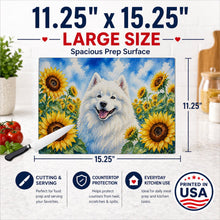 Load image into Gallery viewer, Samoyed in Sunflowers Cutting Board Tempered Glass Kitchen Cutting Surface, Heat Resistant Chopping Board with Non-Slip Feet, Decorative Food Prep &amp; Serving