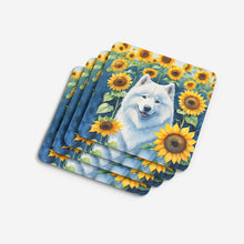 Load image into Gallery viewer, Samoyed in Sunflowers Coasters - Set of 4 Lightweight Foam, Absorbent Drink Coasters