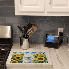 Load image into Gallery viewer, Samoyed in Sunflowers Cutting Board Tempered Glass Kitchen Cutting Surface, Heat Resistant Chopping Board with Non-Slip Feet, Decorative Food Prep &amp; Serving