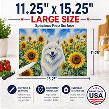 Load image into Gallery viewer, Samoyed in Sunflowers Cutting Board Tempered Glass Kitchen Cutting Surface, Heat Resistant Chopping Board with Non-Slip Feet, Decorative Food Prep &amp; Serving
