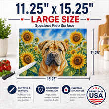 Load image into Gallery viewer, Shar Pei in Sunflowers Cutting Board Tempered Glass Kitchen Cutting Surface, Heat Resistant Chopping Board with Non-Slip Feet, Decorative Food Prep &amp; Serving
