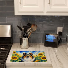 Load image into Gallery viewer, Sheltie in Sunflowers Cutting Board Tempered Glass Kitchen Cutting Surface, Heat Resistant Chopping Board with Non-Slip Feet, Decorative Food Prep &amp; Serving