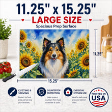 Load image into Gallery viewer, Sheltie in Sunflowers Cutting Board Tempered Glass Kitchen Cutting Surface, Heat Resistant Chopping Board with Non-Slip Feet, Decorative Food Prep &amp; Serving
