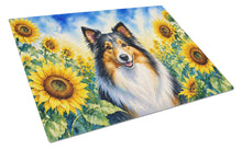 Load image into Gallery viewer, Sheltie in Sunflowers Cutting Board Tempered Glass Kitchen Cutting Surface, Heat Resistant Chopping Board with Non-Slip Feet, Decorative Food Prep &amp; Serving