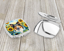 Load image into Gallery viewer, Sheltie in Sunflowers Compact Mirror – Stylish Purse Mirror with Artistic Covers