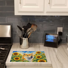 Load image into Gallery viewer, Shiba Inu in Sunflowers Cutting Board Tempered Glass Kitchen Cutting Surface, Heat Resistant Chopping Board with Non-Slip Feet, Decorative Food Prep &amp; Serving