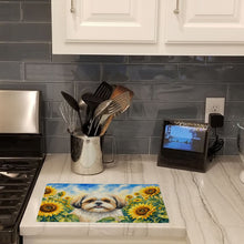 Load image into Gallery viewer, Shih Tzu in Sunflowers Cutting Board Tempered Glass Kitchen Cutting Surface, Heat Resistant Chopping Board with Non-Slip Feet, Decorative Food Prep &amp; Serving