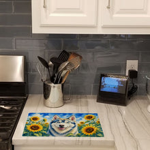 Load image into Gallery viewer, Siberian Husky in Sunflowers Cutting Board Tempered Glass Kitchen Cutting Surface, Heat Resistant Chopping Board with Non-Slip Feet, Decorative Food Prep &amp; Serving