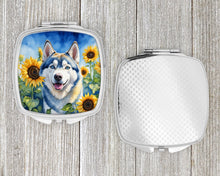 Load image into Gallery viewer, Siberian Husky in Sunflowers Compact Mirror – Stylish Purse Mirror with Artistic Covers