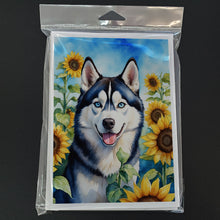 Load image into Gallery viewer, Siberian Husky in Sunflowers Greeting Cards - Blank Note Cards – 8-Pack of Artist-Designed Cards with Envelopes