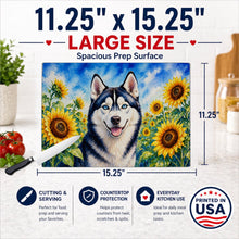 Load image into Gallery viewer, Siberian Husky in Sunflowers Cutting Board Tempered Glass Kitchen Cutting Surface, Heat Resistant Chopping Board with Non-Slip Feet, Decorative Food Prep &amp; Serving