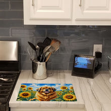 Load image into Gallery viewer, Tibetan Mastiff in Sunflowers Cutting Board Tempered Glass Kitchen Cutting Surface, Heat Resistant Chopping Board with Non-Slip Feet, Decorative Food Prep &amp; Serving