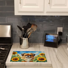 Load image into Gallery viewer, Tibetan Spaniel in Sunflowers Cutting Board Tempered Glass Kitchen Cutting Surface, Heat Resistant Chopping Board with Non-Slip Feet, Decorative Food Prep &amp; Serving