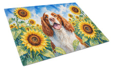 Load image into Gallery viewer, Welsh Springer Spaniel in Sunflowers Cutting Board Tempered Glass Kitchen Cutting Surface, Heat Resistant Chopping Board with Non-Slip Feet, Decorative Food Prep &amp; Serving