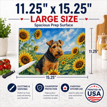 Load image into Gallery viewer, Welsh Terrier in Sunflowers Cutting Board Tempered Glass Kitchen Cutting Surface, Heat Resistant Chopping Board with Non-Slip Feet, Decorative Food Prep &amp; Serving