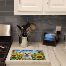 Load image into Gallery viewer, Westie in Sunflowers Cutting Board Tempered Glass Kitchen Cutting Surface, Heat Resistant Chopping Board with Non-Slip Feet, Decorative Food Prep &amp; Serving