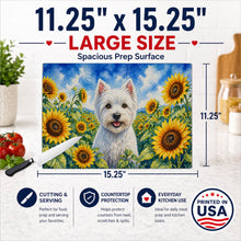 Load image into Gallery viewer, Westie in Sunflowers Cutting Board Tempered Glass Kitchen Cutting Surface, Heat Resistant Chopping Board with Non-Slip Feet, Decorative Food Prep &amp; Serving