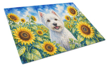 Load image into Gallery viewer, Westie in Sunflowers Cutting Board Tempered Glass Kitchen Cutting Surface, Heat Resistant Chopping Board with Non-Slip Feet, Decorative Food Prep &amp; Serving