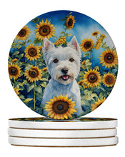 Load image into Gallery viewer, Westie in Sunflowers Large Sandstone Coasters Pack of 4