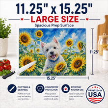 Load image into Gallery viewer, Westie in Sunflowers Cutting Board Tempered Glass Kitchen Cutting Surface, Heat Resistant Chopping Board with Non-Slip Feet, Decorative Food Prep &amp; Serving