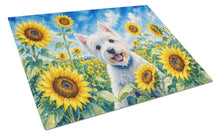 Load image into Gallery viewer, Westie in Sunflowers Cutting Board Tempered Glass Kitchen Cutting Surface, Heat Resistant Chopping Board with Non-Slip Feet, Decorative Food Prep &amp; Serving