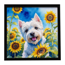 Load image into Gallery viewer, Westie in Sunflowers Framed Metal Print