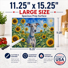 Load image into Gallery viewer, Whippet in Sunflowers Cutting Board Tempered Glass Kitchen Cutting Surface, Heat Resistant Chopping Board with Non-Slip Feet, Decorative Food Prep &amp; Serving
