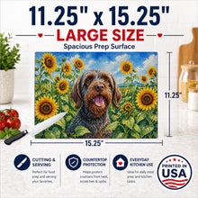 Load image into Gallery viewer, Wirehaired Pointing Griffon in Sunflowers Cutting Board Tempered Glass Kitchen Cutting Surface, Heat Resistant Chopping Board with Non-Slip Feet, Decorative Food Prep &amp; Serving