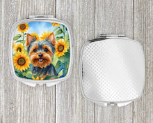 Load image into Gallery viewer, Yorkshire Terrier in Sunflowers Compact Mirror – Stylish Purse Mirror with Artistic Covers