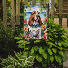 Load image into Gallery viewer, Basset Hound Luau Garden Flag – Tropical Dog Decor with Hibiscus &amp; Palm Leaves