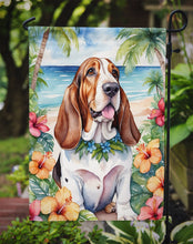 Load image into Gallery viewer, Basset Hound Luau Garden Flag – Tropical Dog Decor with Hibiscus &amp; Palm Leaves
