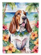 Load image into Gallery viewer, Basset Hound Luau Garden Flag – Tropical Dog Decor with Hibiscus &amp; Palm Leaves