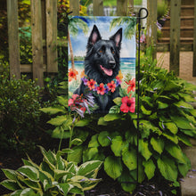 Load image into Gallery viewer, Belgian Sheepdog Luau Garden Flag – Tropical Dog Decor with Hibiscus &amp; Palm Leaves