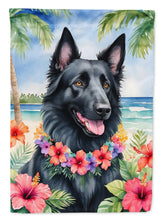 Load image into Gallery viewer, Belgian Sheepdog Luau Garden Flag – Tropical Dog Decor with Hibiscus &amp; Palm Leaves