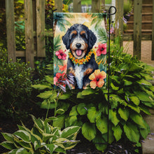 Load image into Gallery viewer, Bernedoodle Luau Garden Flag – Tropical Dog Decor with Hibiscus &amp; Palm Leaves