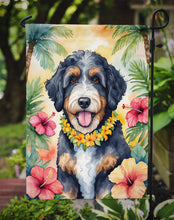 Load image into Gallery viewer, Bernedoodle Luau Garden Flag – Tropical Dog Decor with Hibiscus &amp; Palm Leaves
