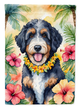 Load image into Gallery viewer, Bernedoodle Luau Garden Flag – Tropical Dog Decor with Hibiscus &amp; Palm Leaves
