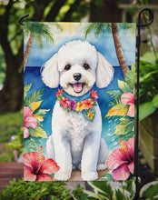Load image into Gallery viewer, Bichon Frise Luau Garden Flag – Tropical Dog Decor with Hibiscus &amp; Palm Leaves