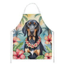 Load image into Gallery viewer, Black and Tan Coonhound Luau Apron – Artist-Designed Kitchen, BBQ &amp; Craft Apron