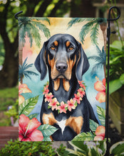 Load image into Gallery viewer, Black and Tan Coonhound Luau Garden Flag – Tropical Dog Decor with Hibiscus &amp; Palm Leaves