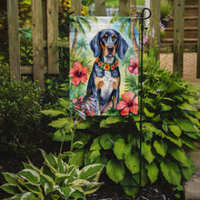 Load image into Gallery viewer, Bluetick Coonhound Luau Garden Flag – Tropical Dog Decor with Hibiscus &amp; Palm Leaves