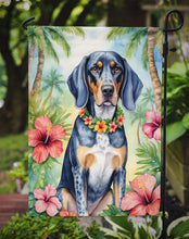 Load image into Gallery viewer, Bluetick Coonhound Luau Garden Flag – Tropical Dog Decor with Hibiscus &amp; Palm Leaves