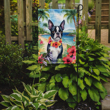 Load image into Gallery viewer, Boston Terrier Luau Garden Flag – Tropical Dog Decor with Hibiscus &amp; Palm Leaves