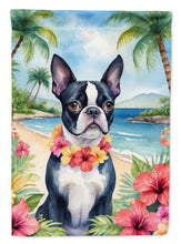 Load image into Gallery viewer, Boston Terrier Luau Garden Flag – Tropical Dog Decor with Hibiscus &amp; Palm Leaves