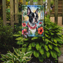Load image into Gallery viewer, Boston Terrier Luau Garden Flag – Tropical Dog Decor with Hibiscus &amp; Palm Leaves