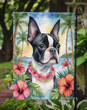Load image into Gallery viewer, Boston Terrier Luau Garden Flag – Tropical Dog Decor with Hibiscus &amp; Palm Leaves