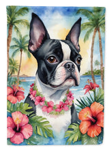 Load image into Gallery viewer, Boston Terrier Luau Garden Flag – Tropical Dog Decor with Hibiscus &amp; Palm Leaves