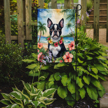 Load image into Gallery viewer, Boston Terrier Luau Garden Flag – Tropical Dog Decor with Hibiscus &amp; Palm Leaves