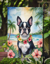 Load image into Gallery viewer, Boston Terrier Luau Garden Flag – Tropical Dog Decor with Hibiscus &amp; Palm Leaves